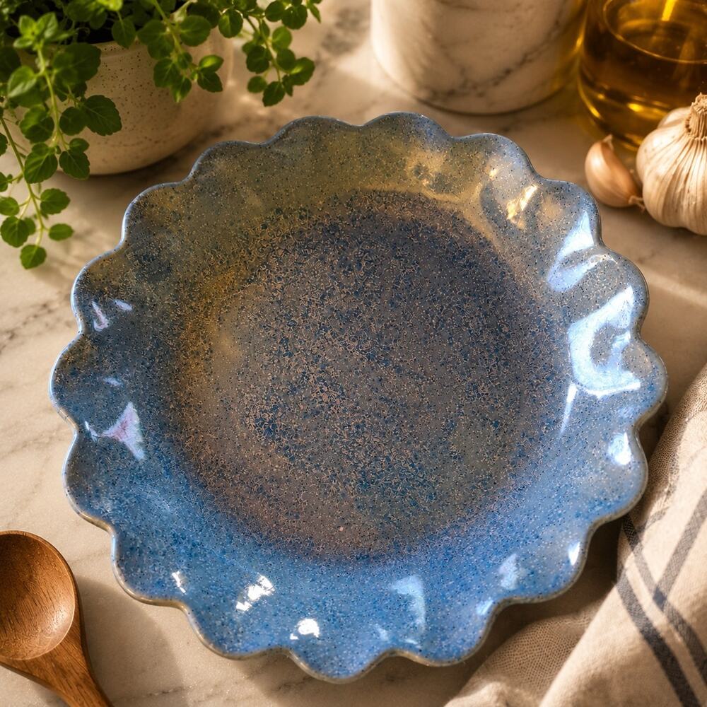 Handmade Studio Pottery Pie Plate DDS 2000 Blue Speckled Scalloped Baker